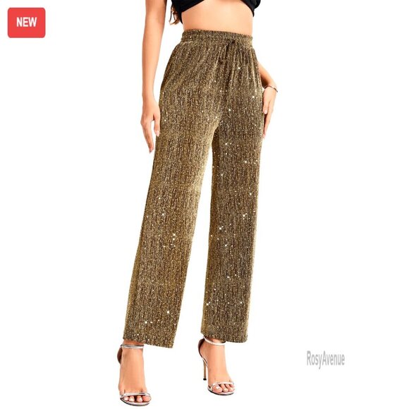 Pants - High Elastic Waist Wide Leg Palazzo Pants Glitter Sparkle Casual Loose Long